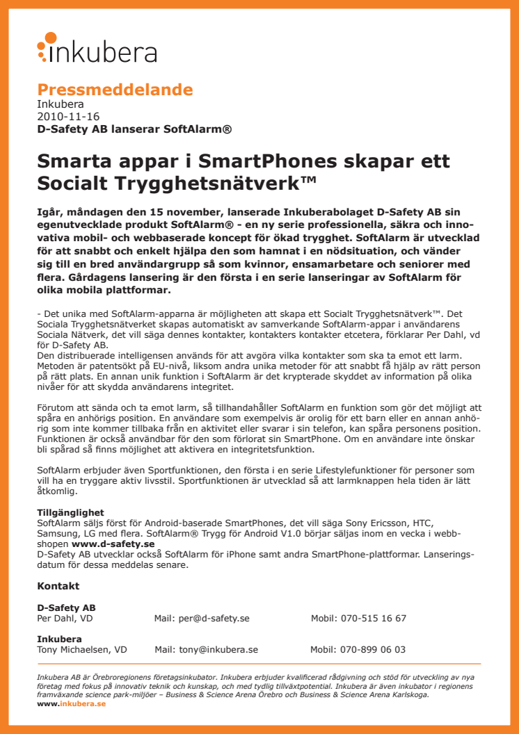 D-Safety AB lanserar SoftAlarm