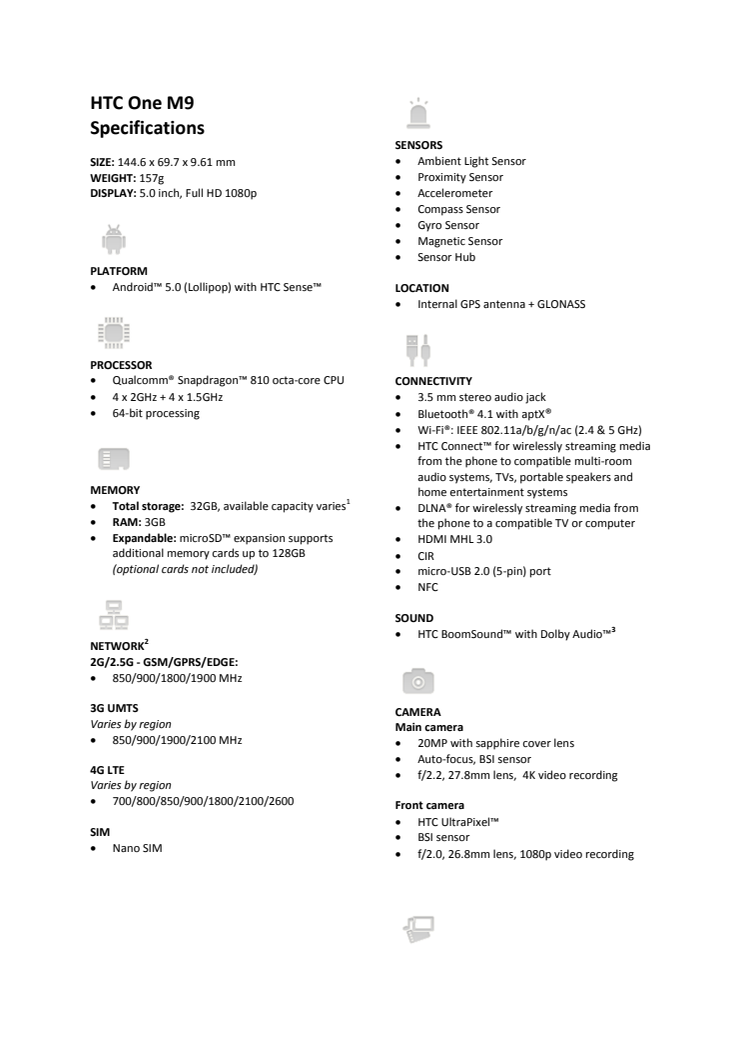 HTC One M9 - Spec Sheet