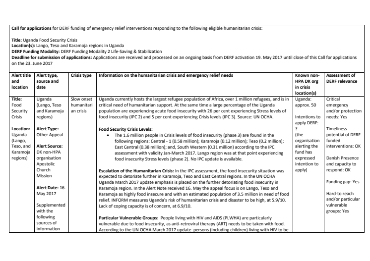 Alert Note: Uganda Food Security Crisis (17-005-RO)