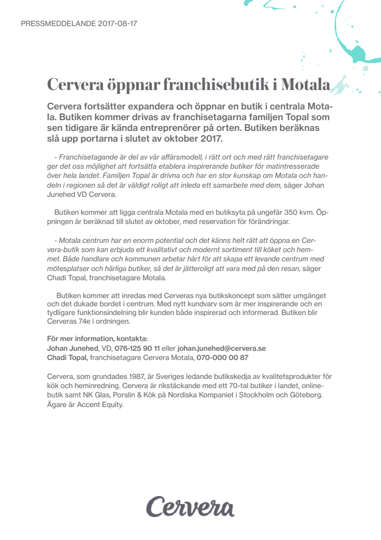 Cervera öppnar franchisebutik i Motala