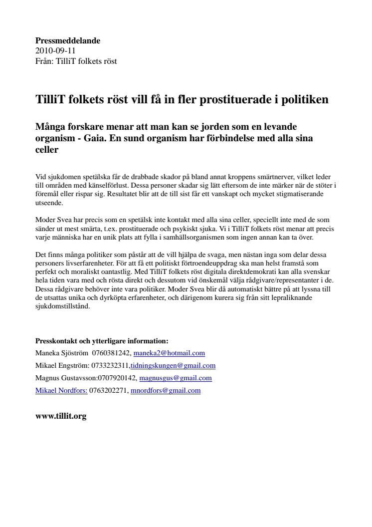TilliT folkets röst vill få in fler prostituerade i politiken