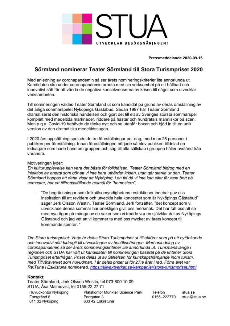 Sörmland nominerar Teater Sörmland till Stora Turismpriset 2020