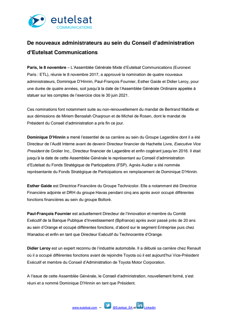 De nouveaux administrateurs au sein du Conseil d’administration d’Eutelsat Communications