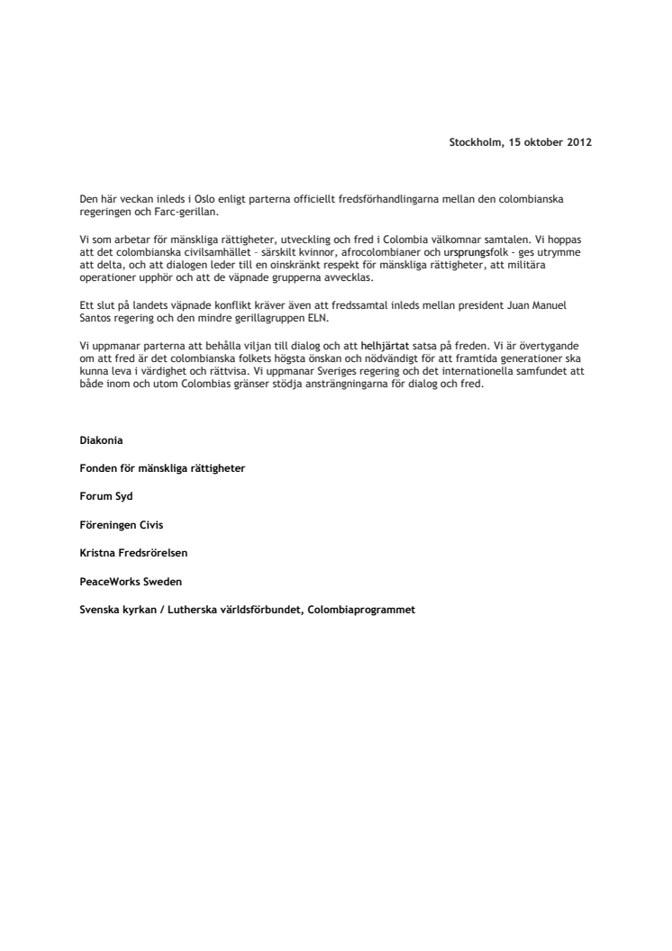 Forum Syd välkomnar fredsprocessen i Colombia