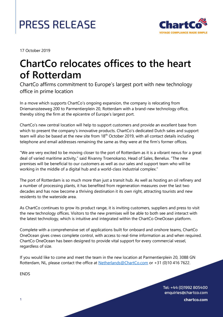 ChartCo relocates offices to the heart of Rotterdam