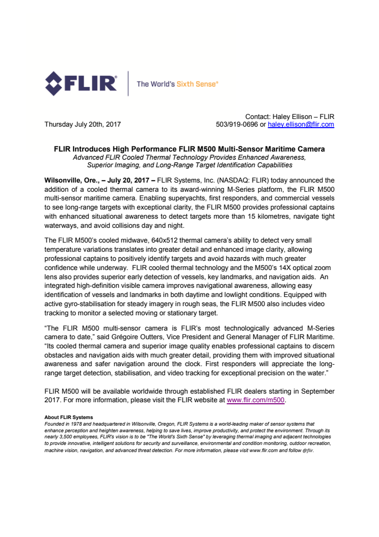 FLIR: FLIR Introduces High Performance FLIR M500 Multi-Sensor Maritime Camera
