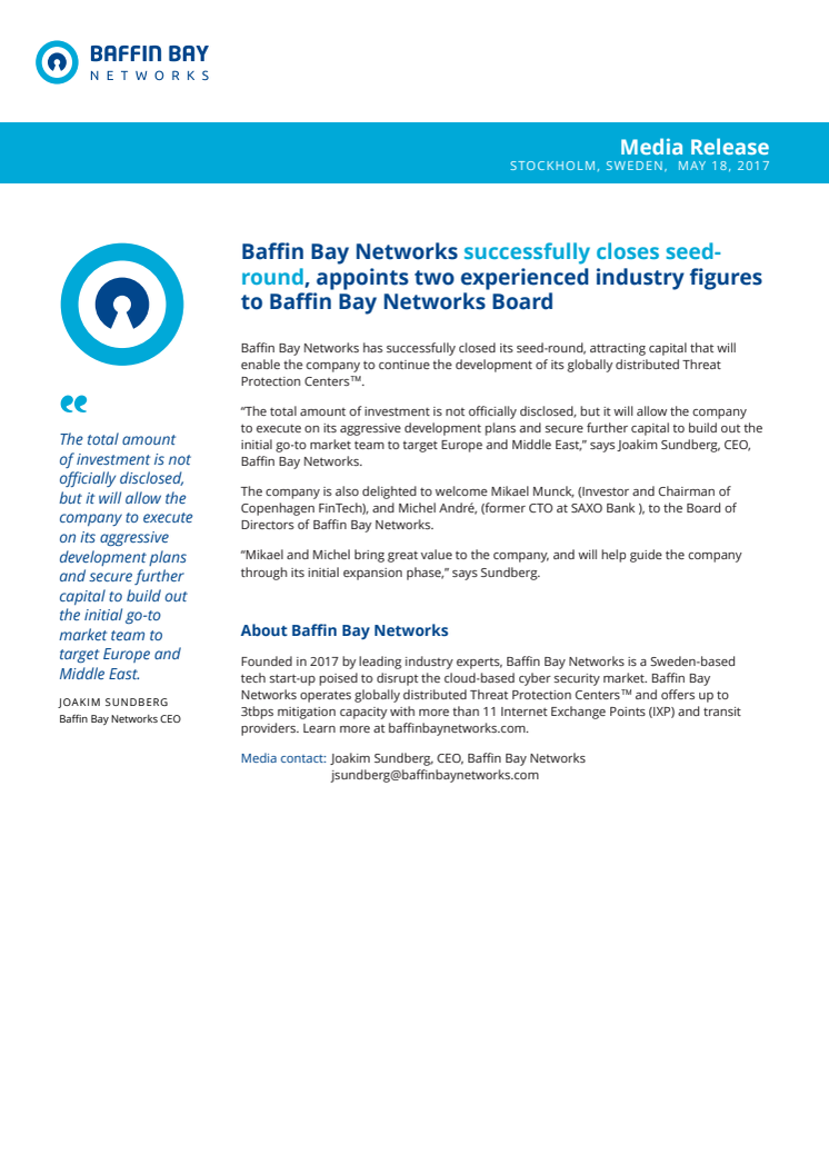 Baffin Bay Networks successfully closes seed-round, appoints two experienced industry figures to Baffin Bay Networks Board