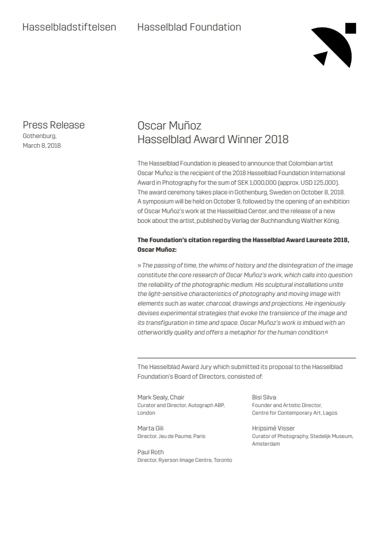 Oscar Muñoz Hasselblad Award Winner 2018
