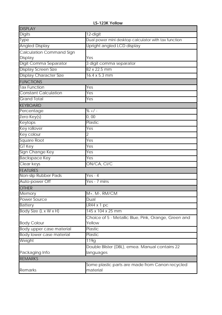 Canon Tekniska specifikationer LS-123K