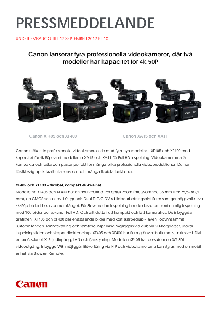 Canon lanserar fyra professionella videokameror, där två modeller har kapacitet för 4k 50P  