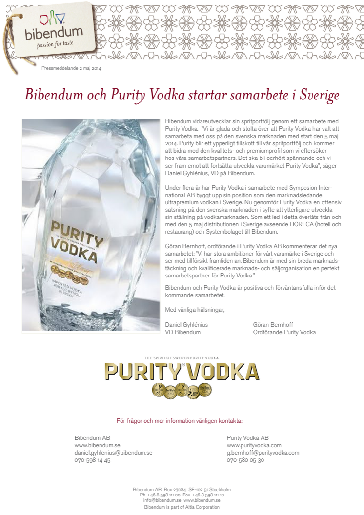 Bibendum och Purity Vodka startar samarbete i Sverige