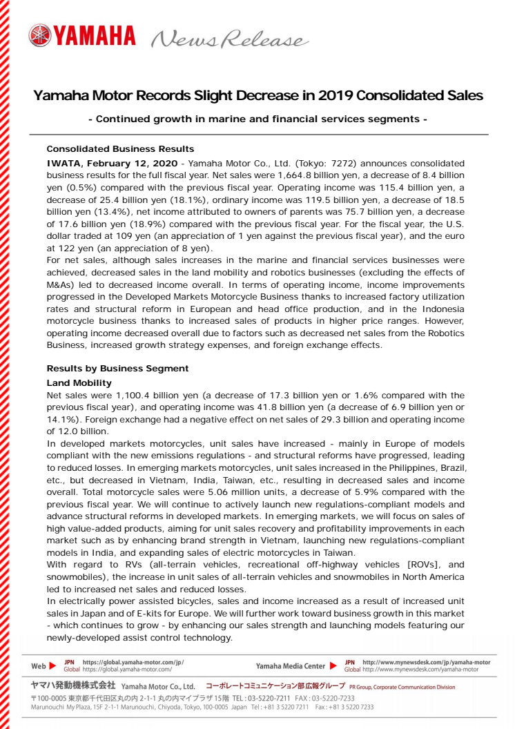 Yamaha Motor Records Slight Decrease in 2019 Consolidated Sales    - Continued growth in marine and financial services segments -