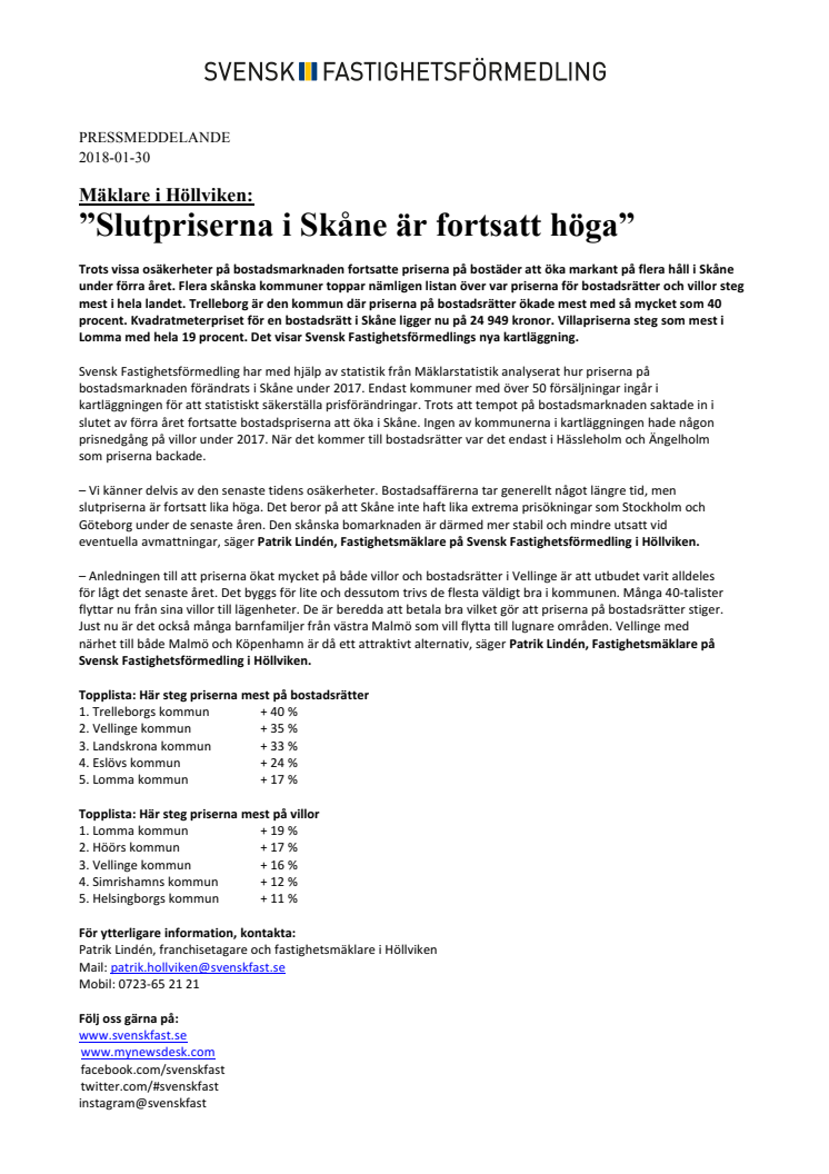 Mäklare i Höllviken: ”Slutpriserna i Skåne är fortsatt höga”