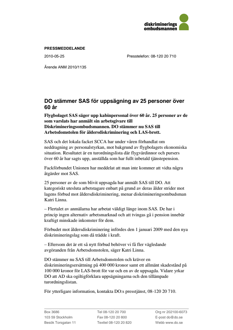 DO stämmer SAS för uppsägning av 25 personer över 60 år 