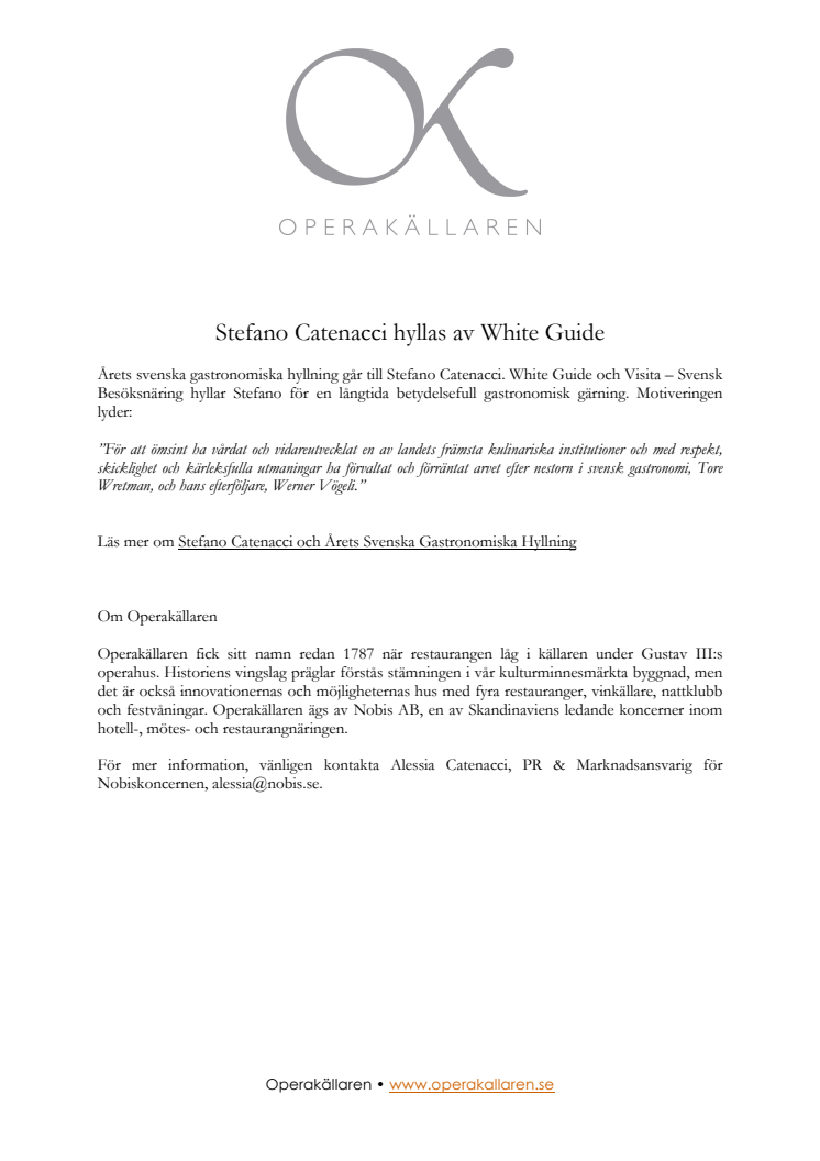 Stefano Catenacci hyllas av White Guide