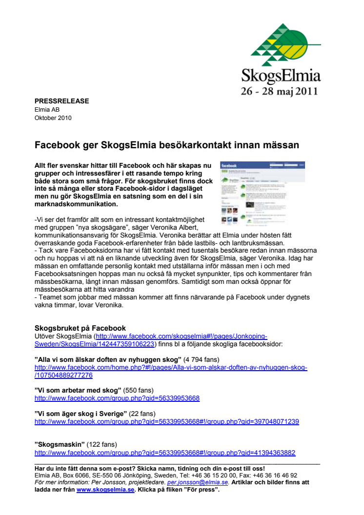 Facebook ger SkogsElmia besökarkontakt innan mässan