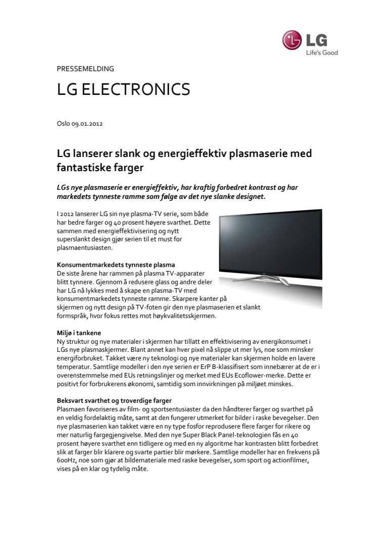LG lanserer slank og energieffektiv plasmaserie med fantastiske farger