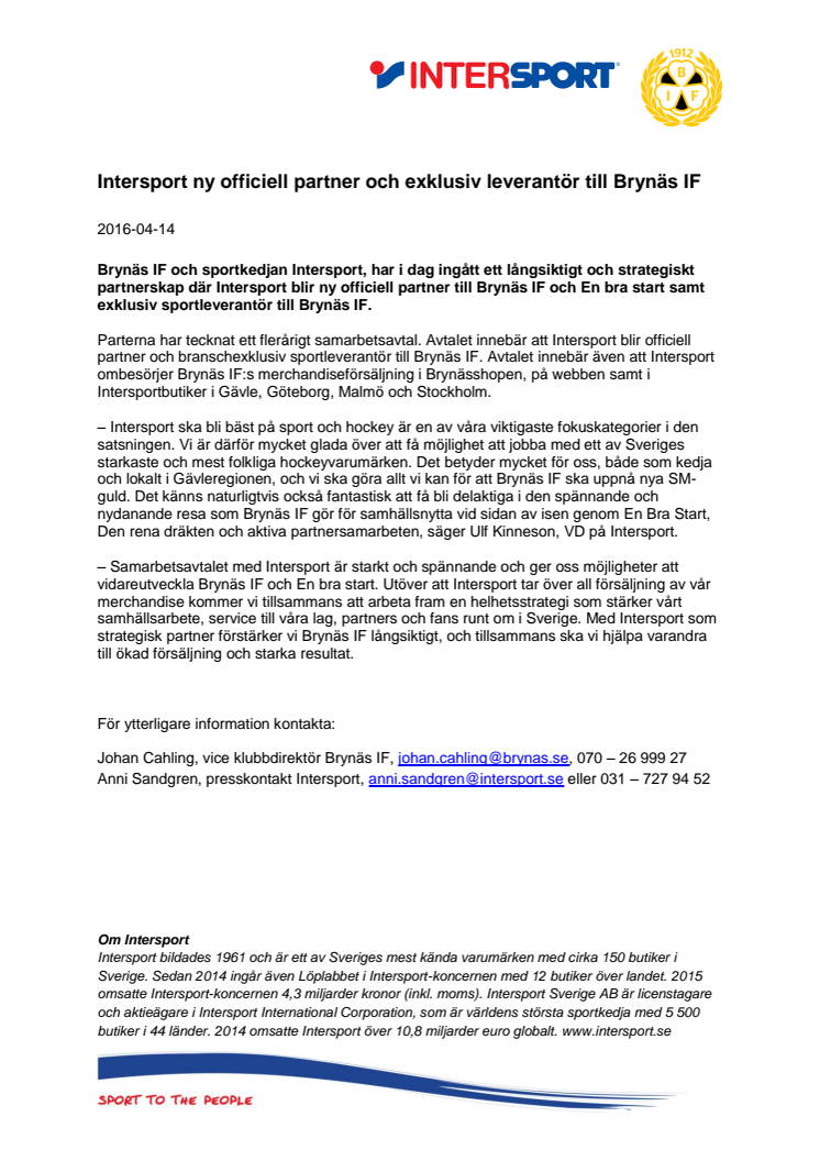 Intersport ny officiell partner och exklusiv leverantör till Brynäs IF