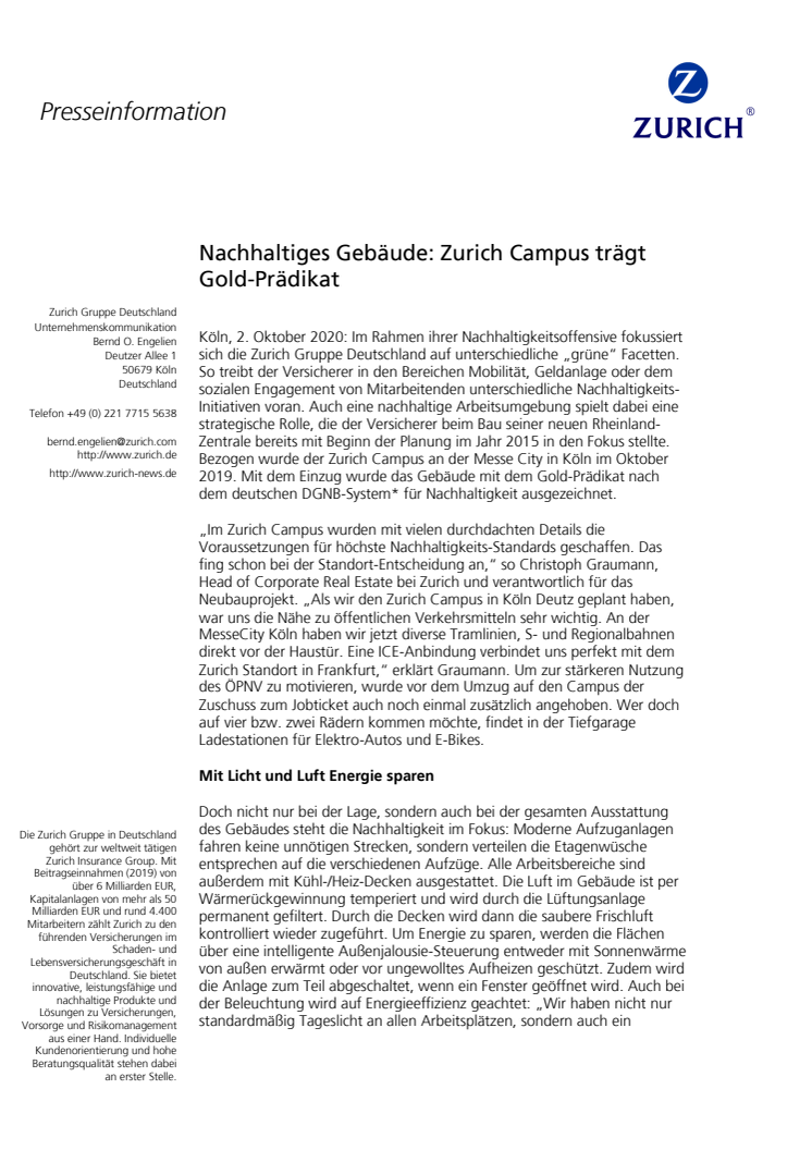 Nachhaltiges Gebäude: Zurich Campus trägt Gold-Prädikat