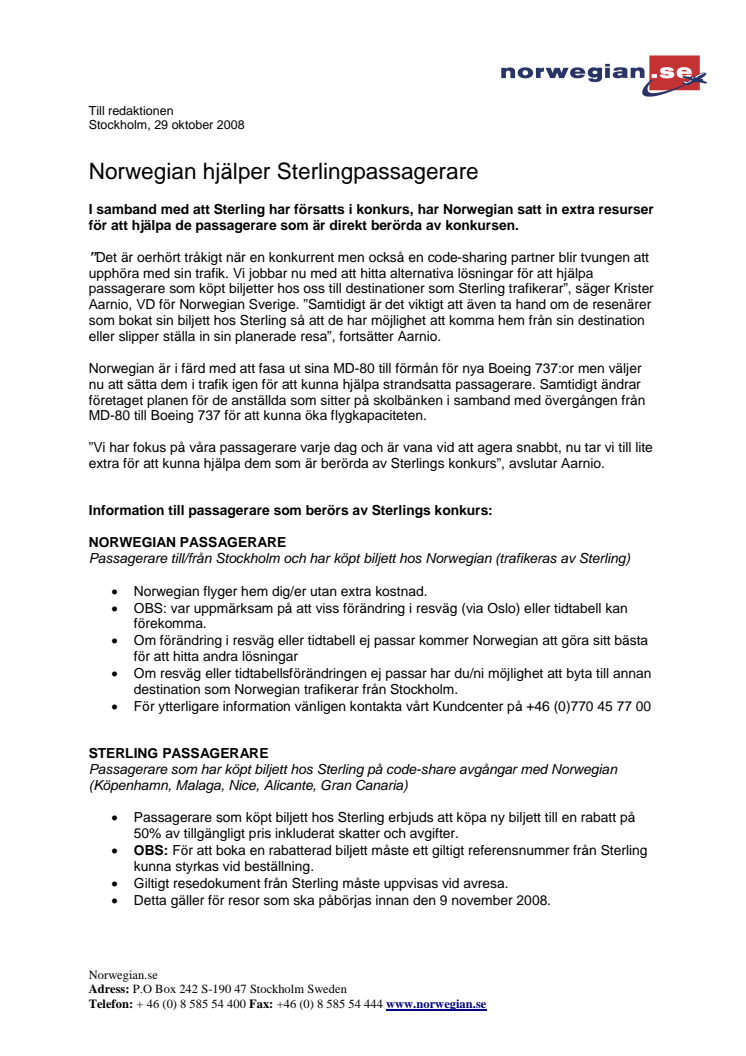 Norwegian hjälper Sterlingpassagerare