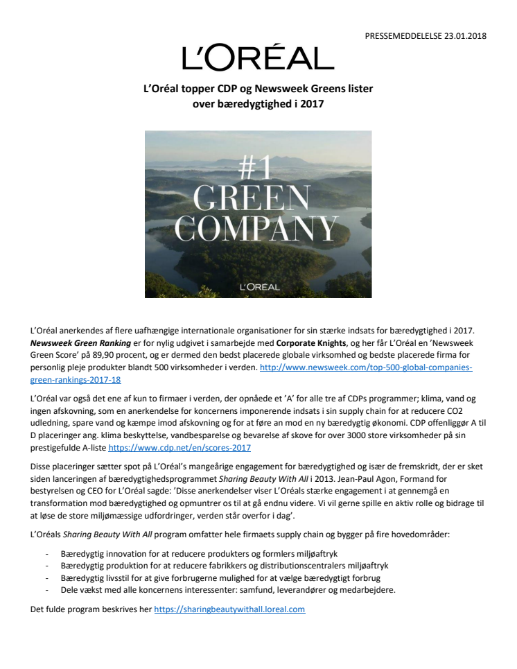 L’Oréal topper CDP og Newsweek Greens lister for bæredygtighed i 2017