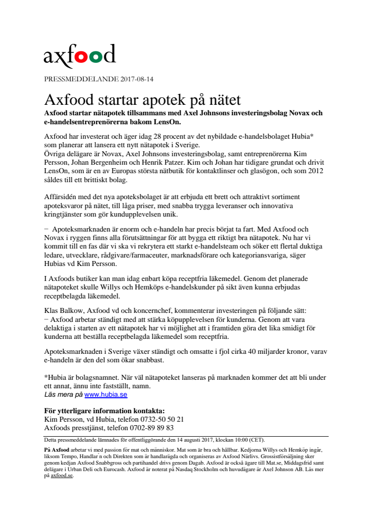 Axfood startar apotek på nätet