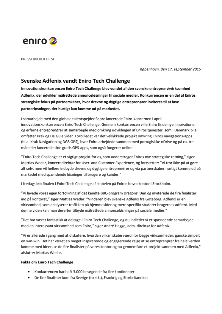Svenske Adfenix vandt Eniro Tech Challenge
