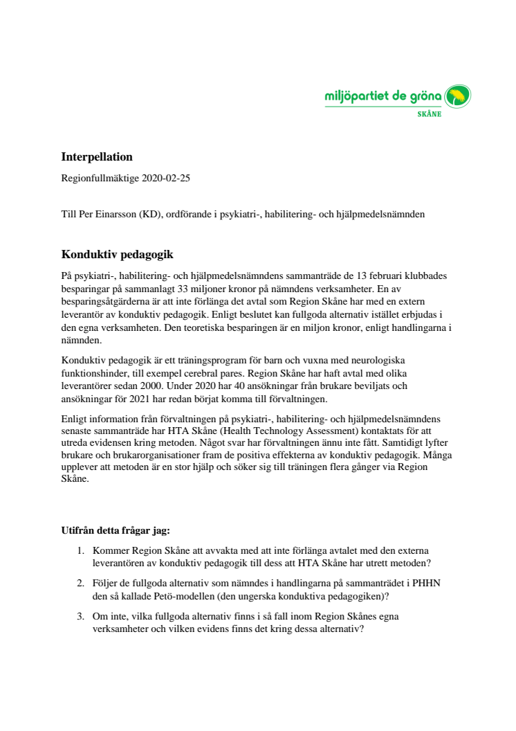 Interpellation om konduktiv pedagogik, Miljöpartiet, Regionfullmäktige 200225