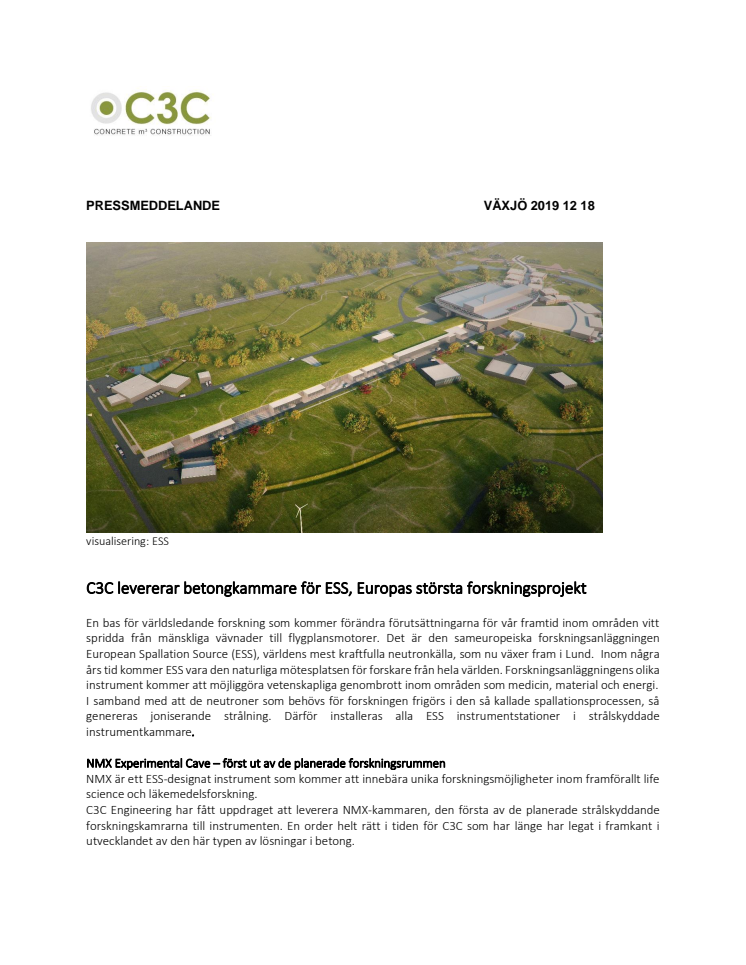 C3C levererar betongkammare för ESS, Europas största forskningsprojekt