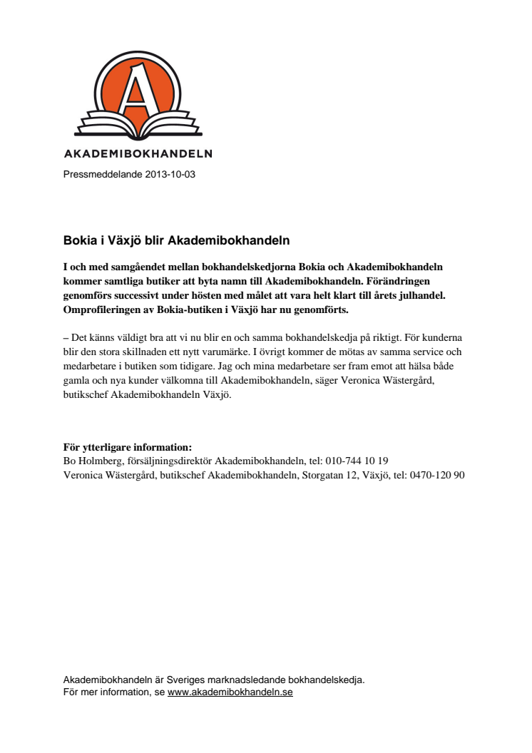 Bokia i Växjö blir Akademibokhandeln 
