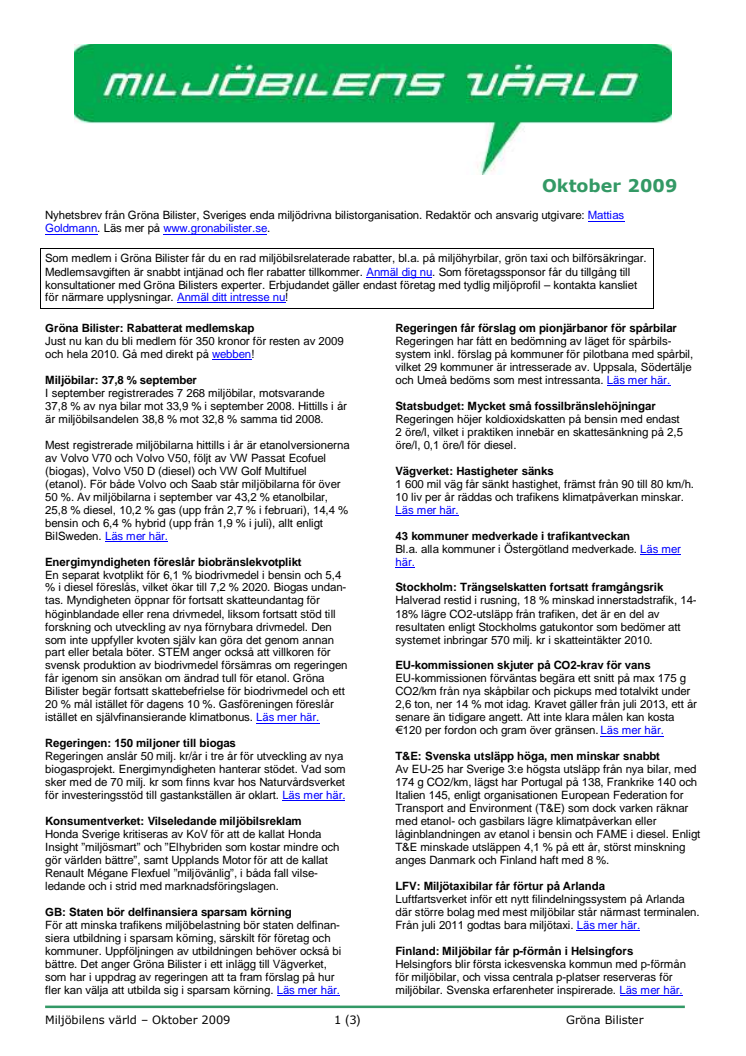 Gröna Bilisters nyhetsbrev för oktober 2009