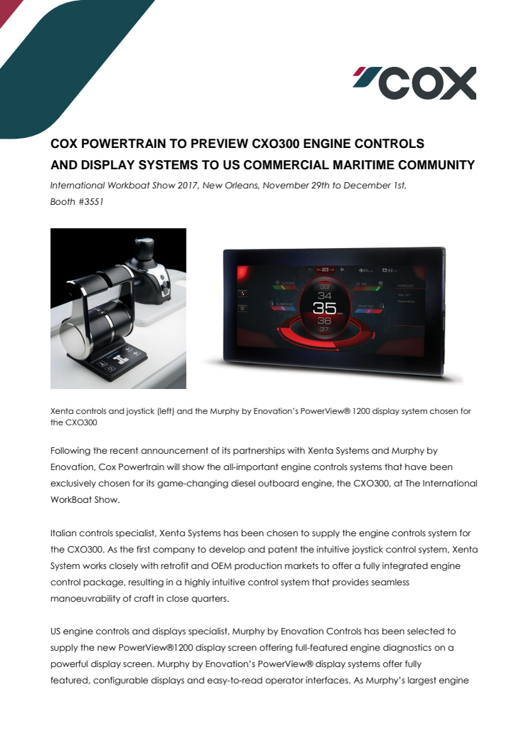 Cox Powertrain To Preview CXO300 Engine Controls And Display Systems To US Commercial Maritime Community