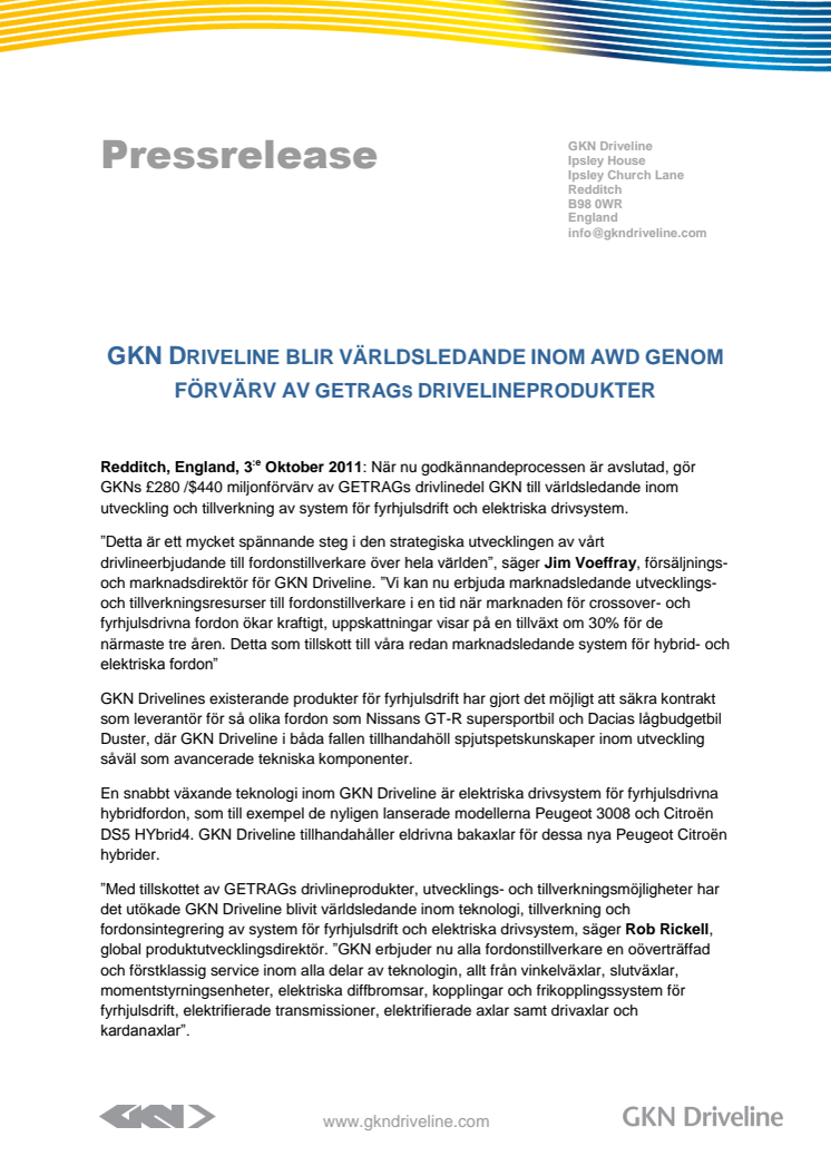 GKN Driveline blir världsledande inom AWD genom förvärv av Getrags drivlineprodukter inkl Getrag AWD i Köping