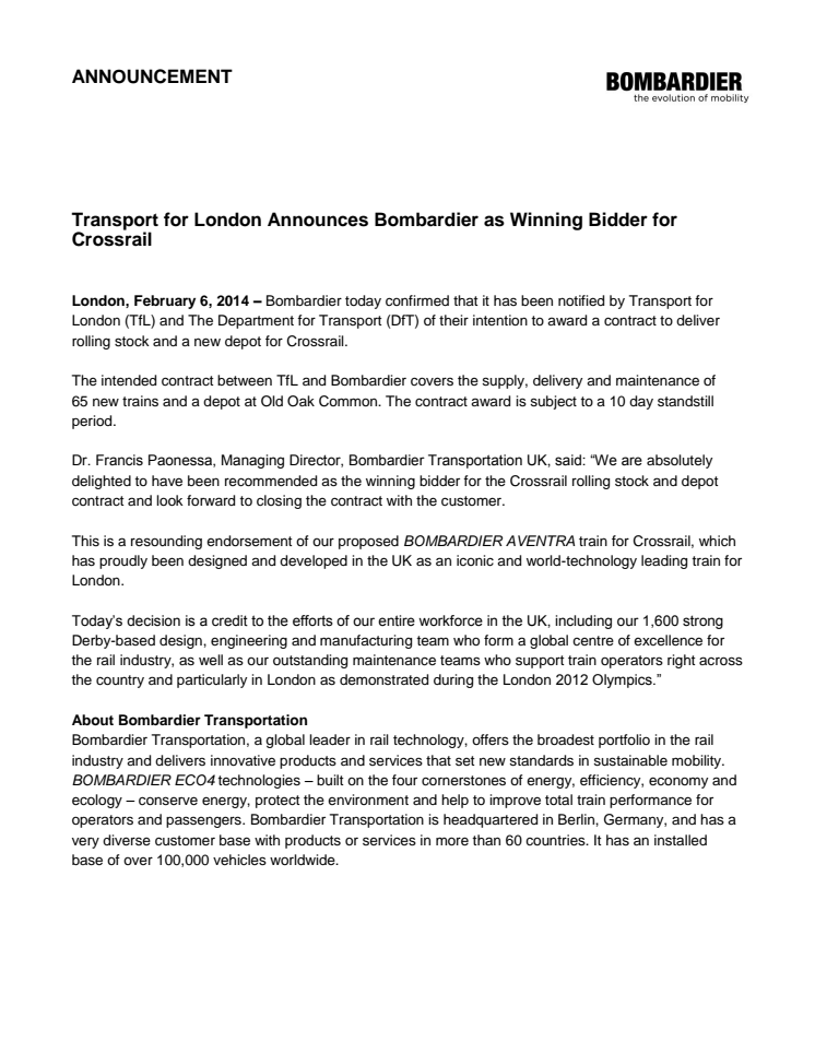 Bombardier vinner upphandling av tåg till Crossrail-projektet i London