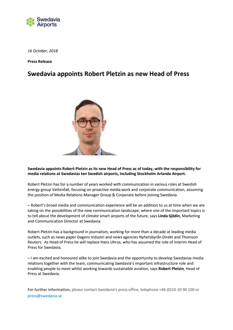 Swedavia appoints Robert Pletzin as new Head of Press