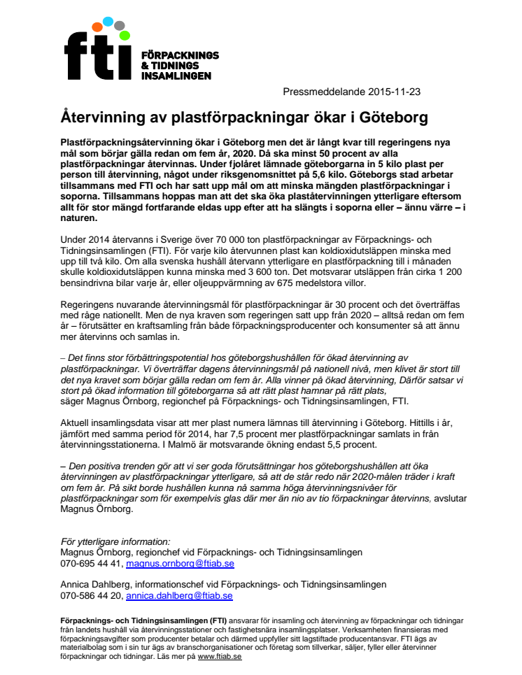 ​Återvinning av plastförpackningar ökar i Göteborg