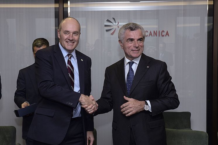 Alistair Dormer, Global CEO Hitachi Rail Group and Finmeccanica’s CEO and General Manager Mauro Moretti in Rome on November 2, 2015. 