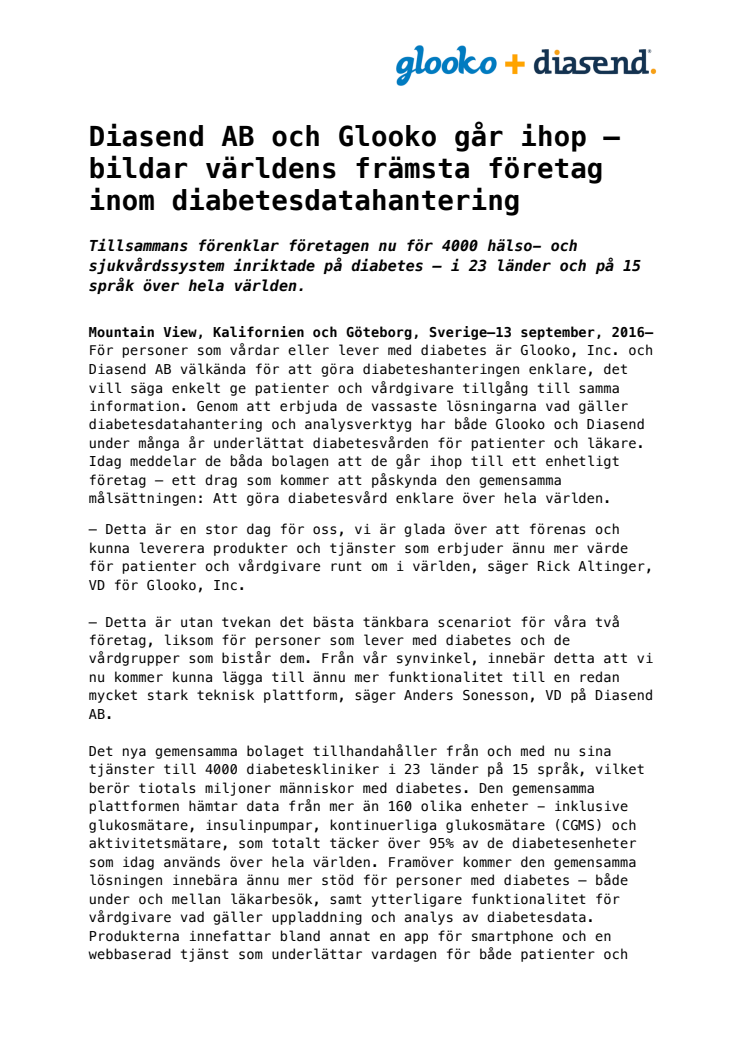 Diasend AB och Glooko går ihop – bildar världens främsta företag inom diabetesdatahantering