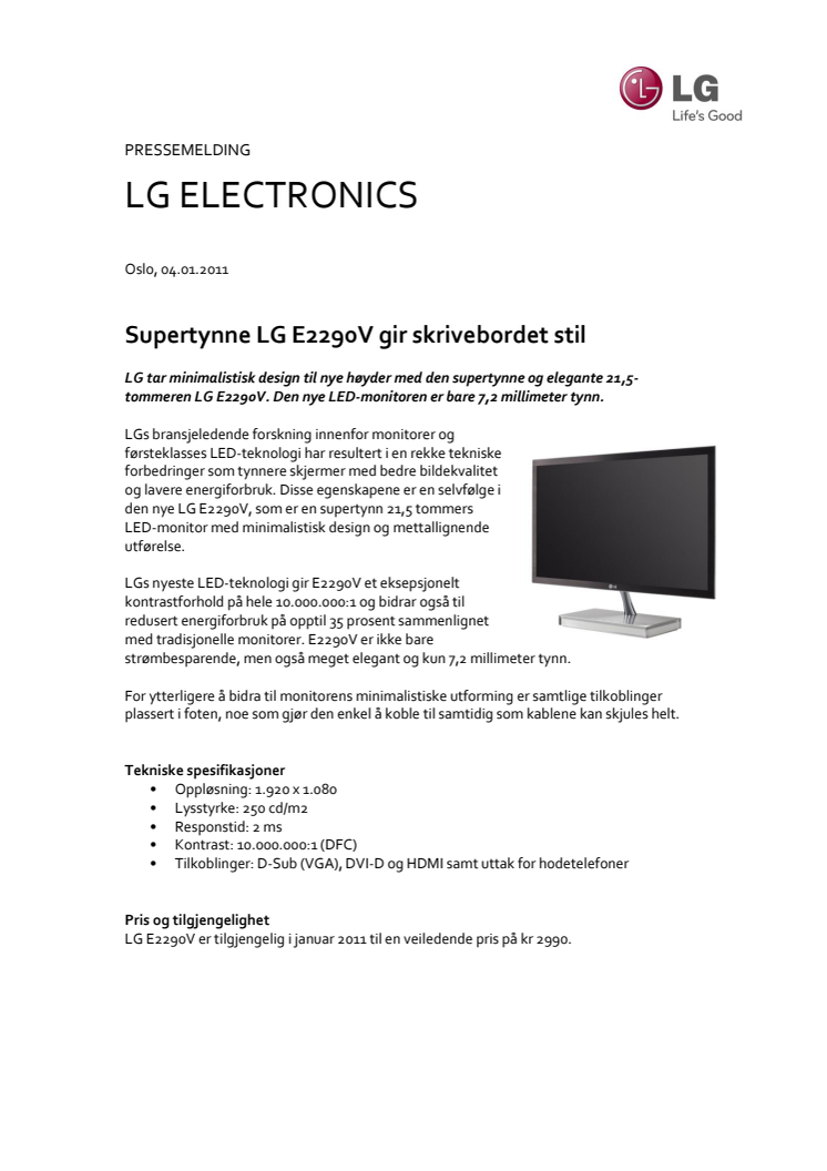 Supertynne LG E2290V gir skrivebordet stil 
