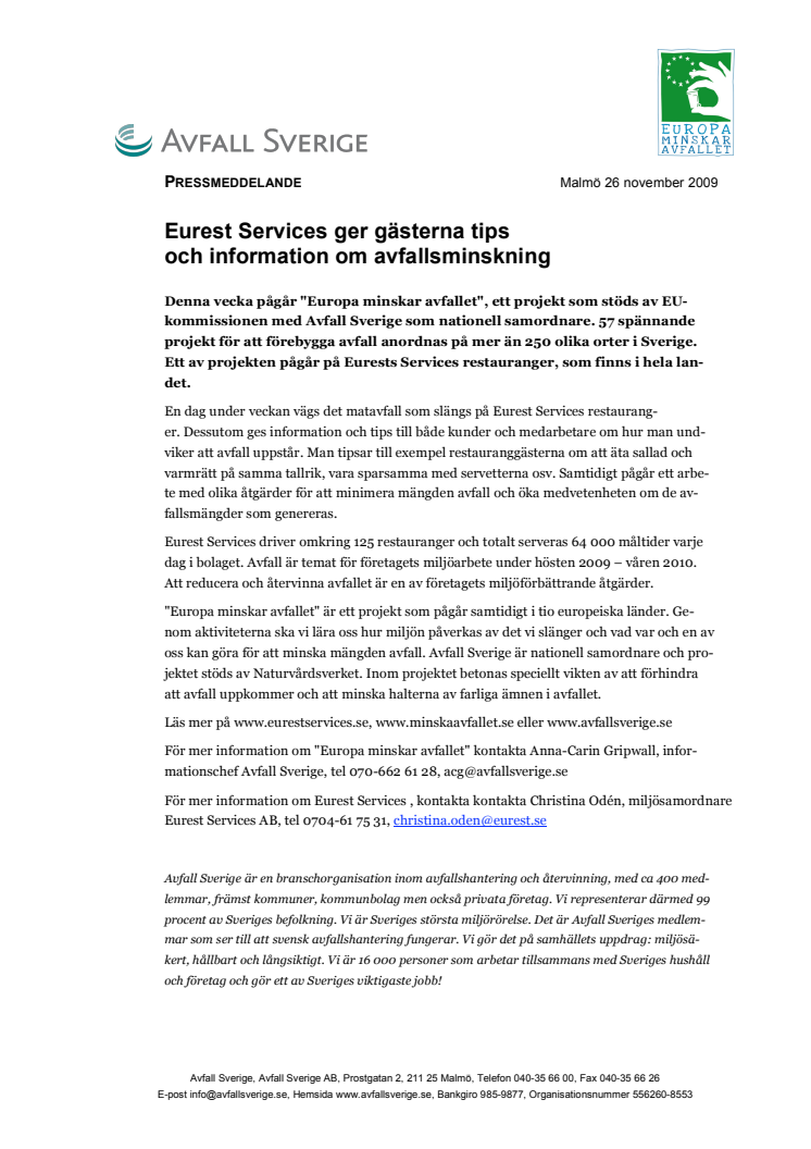 Eurest Services ger gästerna tips och information om avfallsminskning