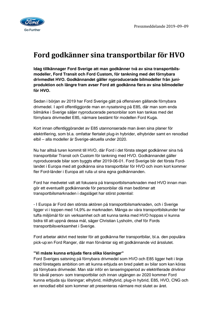 Ford godkänner sina transportbilar för HVO 