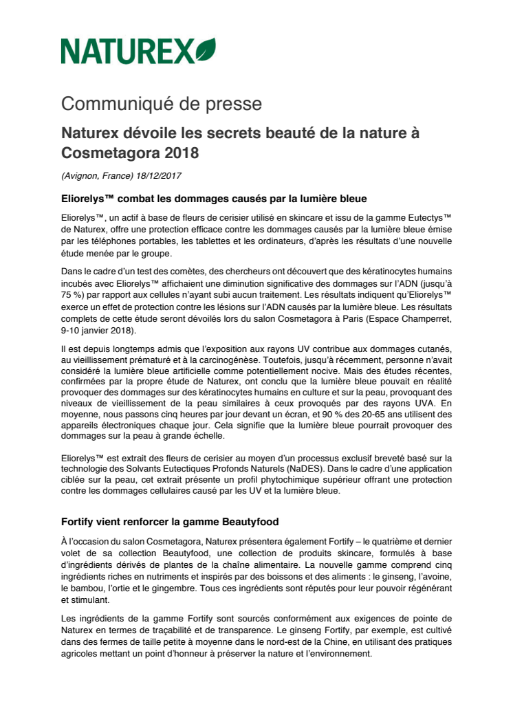 Communiqué de presse: Naturex dévoile les secrets beauté de la nature à Cosmetagora 2018
