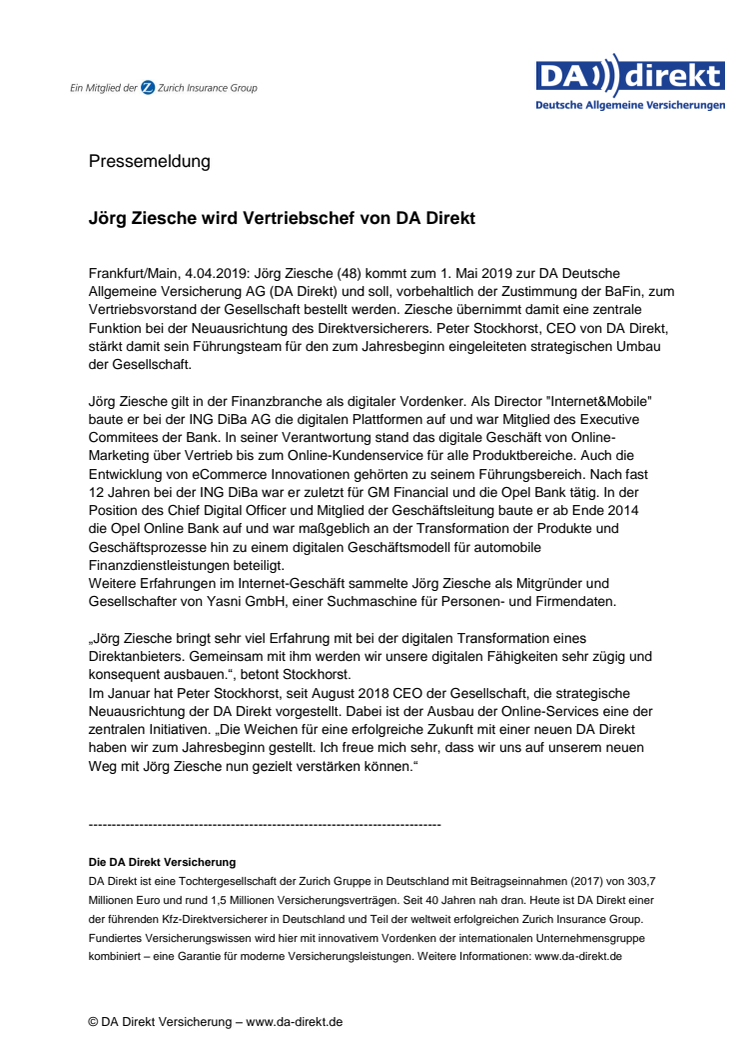 Jörg Ziesche wird Vertriebschef von DA Direkt