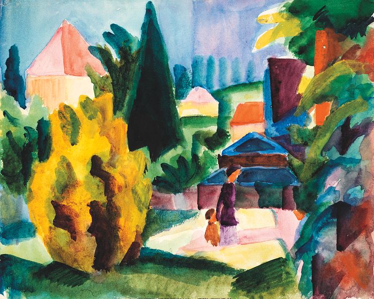 August Macke: Im Schlossgarten von Oberhofen (1914). Aquarell auf Papier. Kunstmuseum Bern, Legat Cornelius Gurlitt  2014.