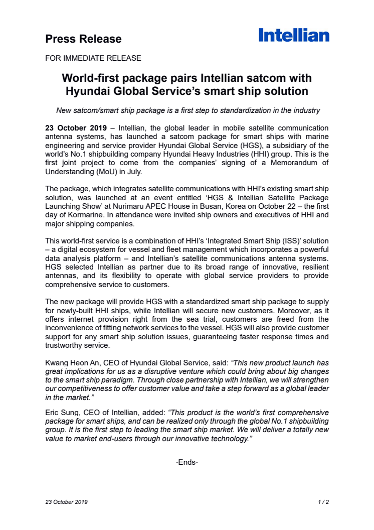 World-first package pairs Intellian satcom with Hyundai Global Service’s smart ship solution