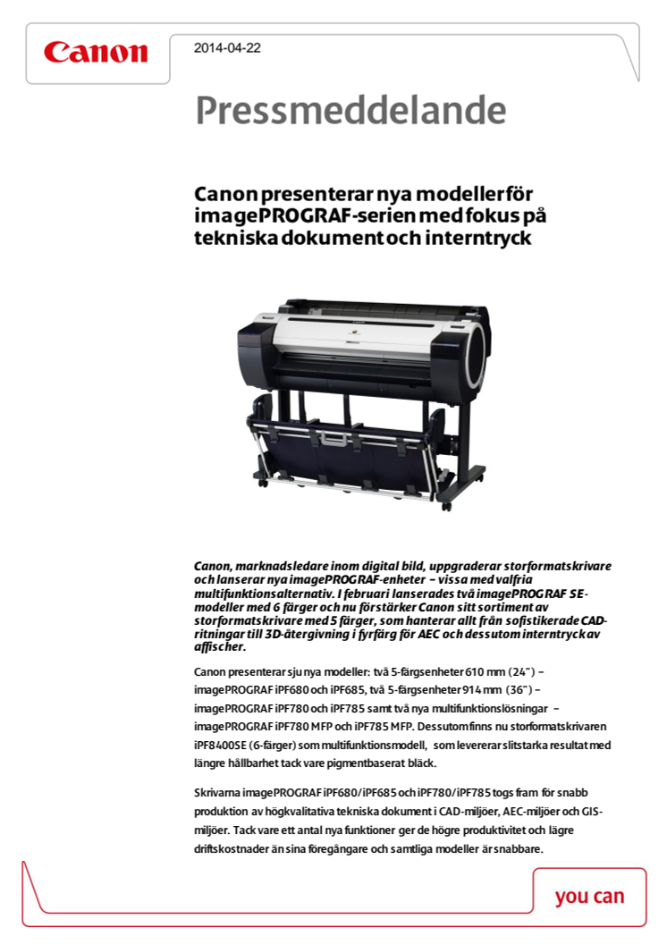 Canon presenterar nya modeller för imagePROGRAF-serien med fokus på tekniska dokument och interntryck