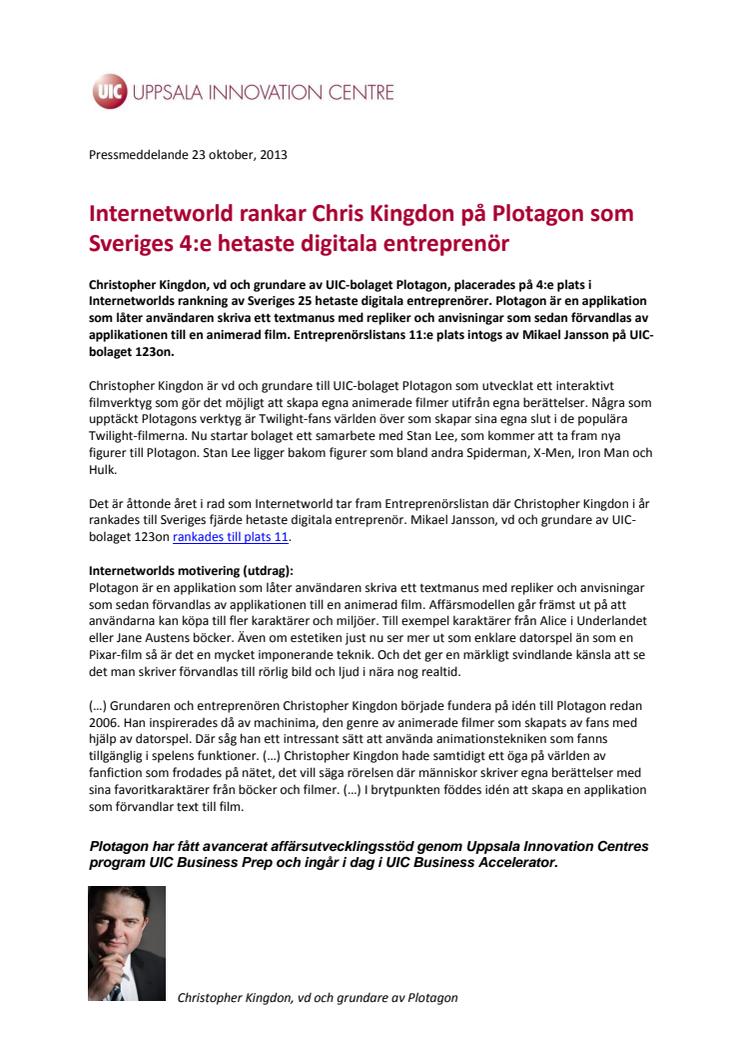 Internetworld rankar Chris Kingdon på Plotagon som Sveriges 4:e hetaste digitala entreprenör