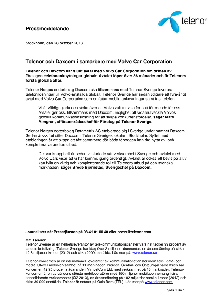 Telenor och Daxcom i samarbete med Volvo Car Corporation