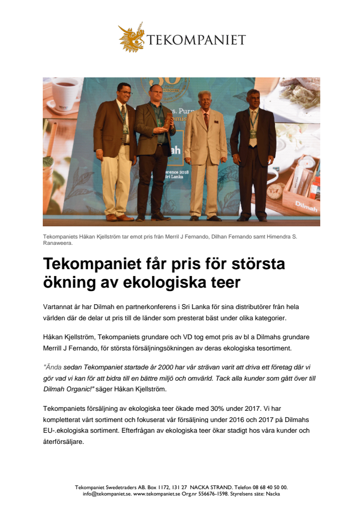 Tekompaniet får pris för största ökning av ekologiska teer