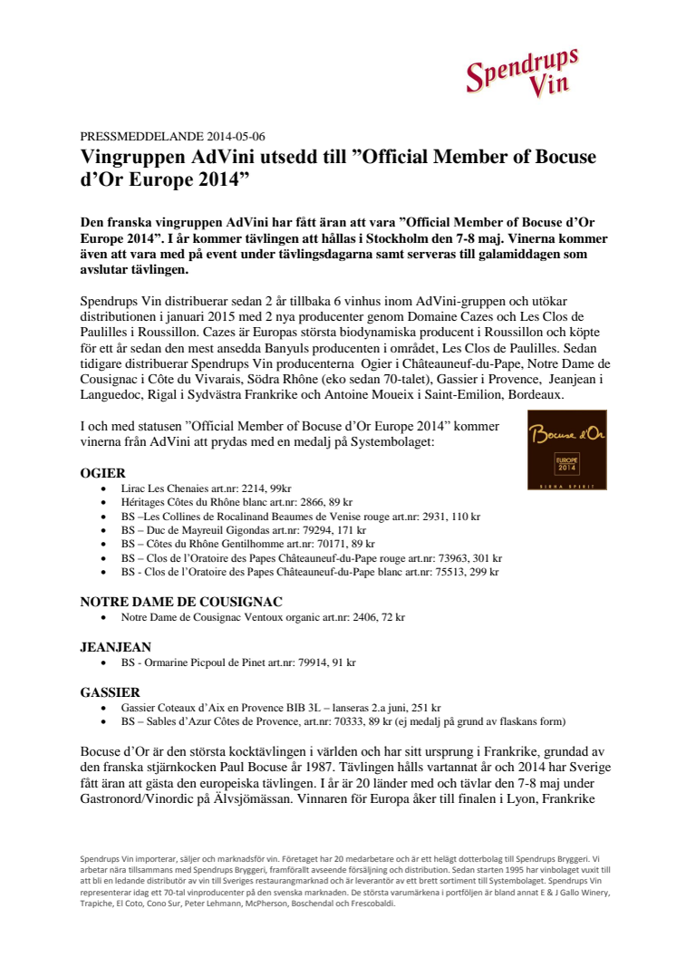 Vingruppen AdVini utsedd till ”Official Member of Bocuse d’Or Europe 2014”